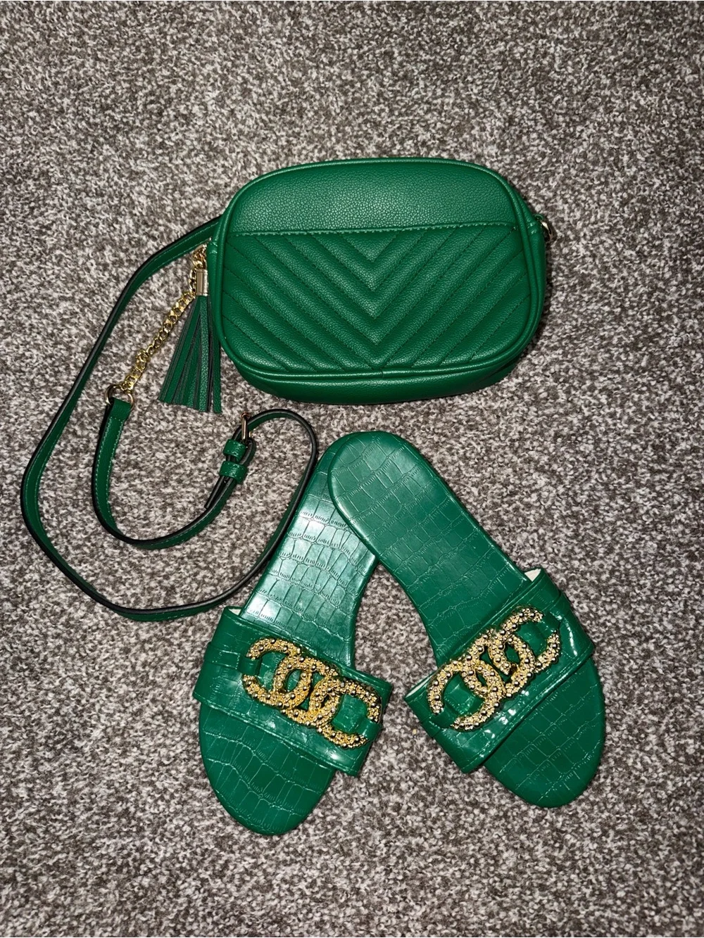 Green Quilted Crossbody Bag with Matching Green Slide Sandals